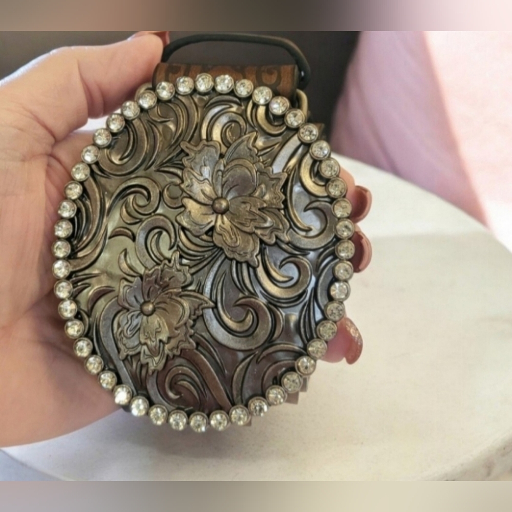 Womens Accessories Rhinestone Oval Floral Real Leather Cowboy Belt - Picture 5 of 9